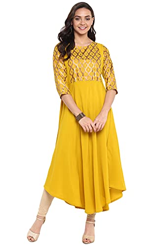 Janasya Indian Women's Tunic Tops Crepe Kurti for Women(JNE3294-KR-L) Yellow