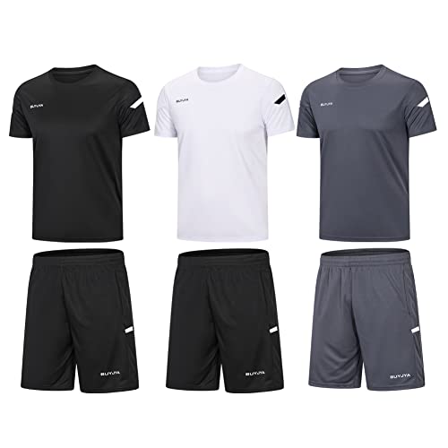BUYJYA Men's Workout Clothes Athletic Shorts Shirt Set 3 Pack for Basketball Football Exercise Training Running Gym