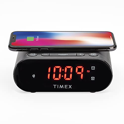 Timex Bedside Wireless Charging Dual Alarm Clock, with Large LED Display, Dimmer, Snooze bar and Battery Backup (TW300)- Perfect for Bedside Tables