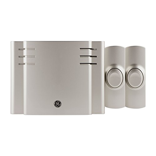 GE home electrical Wireless Doorbell Kit, Battery Operated 1 Receiver, 2 Push Buttons Door Bell, 8 Melodies Doorbell Chime, 4 Volume Levels, Classroom Doorbell, 150 Ft Range, Satin Nickel, 30393