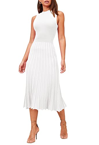 Pink Queen Pleated Dress for Women Crew Neck Sleeveless Bodycon Wedding Party Swing Knit Midi Dresses White XL