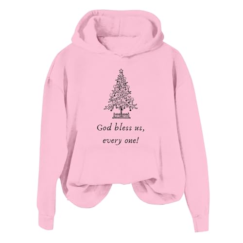 deal of the day Jesus Hoodie Sweatshirt for Women God Bless Us Every One Long Sleeve Christmas Tree Printed Hooded (A-Pink, M)