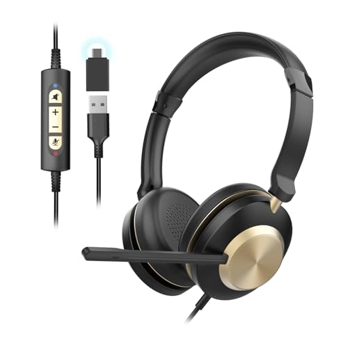 USB Headset with Microphone for PC, Wired headset with Noise Cancelling Mic, in-line Controls Volume & Mute Button, Computer Headset for Work from Home/Office/ Call center/Online Class/Zoom/Teams