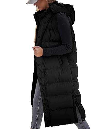 Grlasen Women's long Quilted Vest hooded sleeveless Button Down puff vest cotton padded jacket winter coat