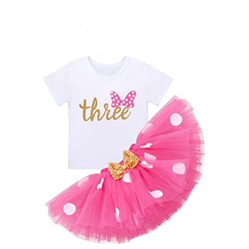 IBTOM CASTLE Baby Girl 3rd Birthday Cake Smash Top Shirt Toddler Girl Tutu Skirt with Headband Princess Pageant Party Clothes Set for Photography Christmas Holiday Fancy Costume Hot Pink-three 3T