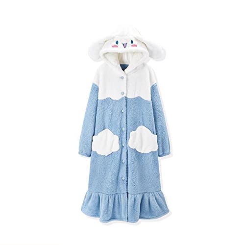 MEOKIM Women's robe button bathrobe Women's hoodie coat plush warm pajamas Long sleepwear with cute pattern pocket pajamas (Cloud Dog,XL)