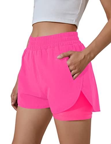 BMJL Women's Running Shorts Elastic Waistband High Waisted Shorts Pocket Sporty Workout Shorts Gym Athletic Shortss Pant (XL, Hot Pink)