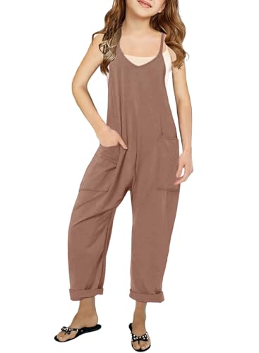 Girls Casual Jumpsuits Spaghetti Strap Sleeveless Loose Romper Long Pants with Pockets Kids Clothes Khaki