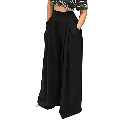 MESLIMA Women' s Causal Long Pants High Waist Wide Leg Stretchy Loose Fit Trousers with Pocket