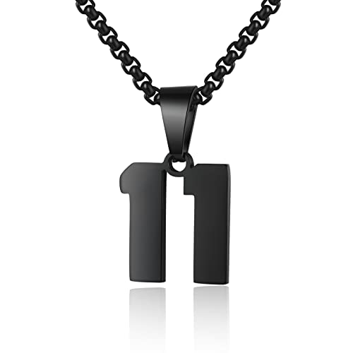 Number Necklace for Boy Black Athletes Number Stainless Steel Chain 00-99 Number Charm Pendant Personalized Sports Jewelry for Men Basketball Baseball Football(11)