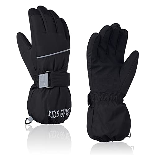 Kids Waterproof Winter Gloves Warm Snow Gloves Boys Girls Ski Gloves Toddler Mittens Windproof Black S