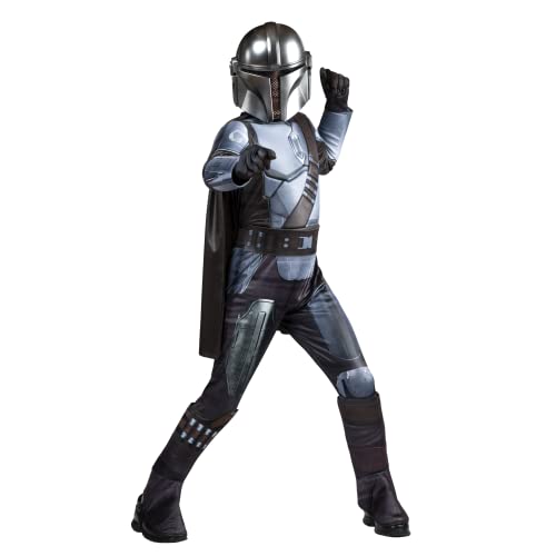 STAR WARS The Mandalorian Official Youth Deluxe Costume - Padded Jumpsuit with Gloves, Detachable Cape, and Plastic Mask - Medium