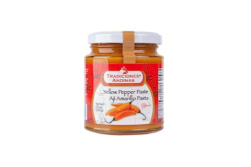 Tradiciones Andinas Yellow Hot Pepper Paste 7.5 oz - Pasta de Aji Amarillo Picante, Spicy Chili Paste, Pepper Products for Peruvian Food, Chile Hot Sauce, Ají Peruano, Peppers of Peru