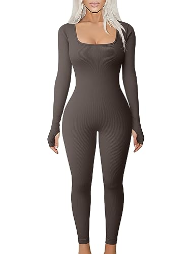 TOB Women Yoga Jumpsuits Workout Ribbed Long Sleeve Square Neck Sport Jumpsuits Tea leaf
