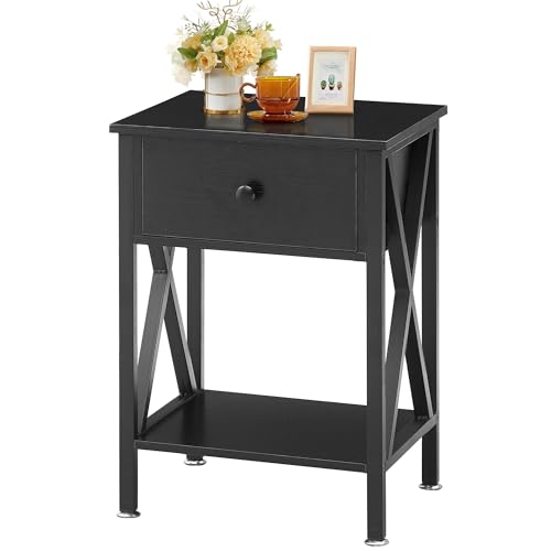 VECELO Modern Side End Table, Nightstand Storage Shelf with Bin Drawer for Living Room, Bedroom, Lounge, 15.8in11.8in21.7in, Black(1PACK)
