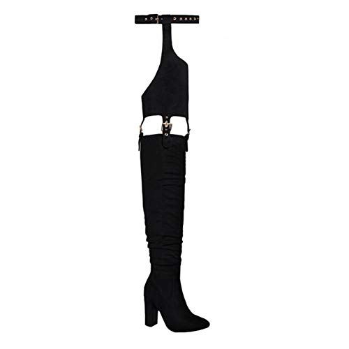DETOGNI Women's Fashion Over The Knee Belted Pointed Toe Long Boots Sexy Buckle Strap Side Zipper Block Heels ​Thigh High Boots (Black US7)