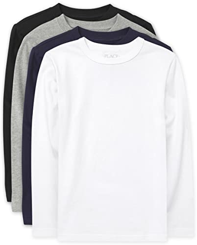 The Children's Place boys Long Sleeve Basic Layering T-shirt T Shirt, Black/New Navy/Smoke/White 4 Pack, Small US