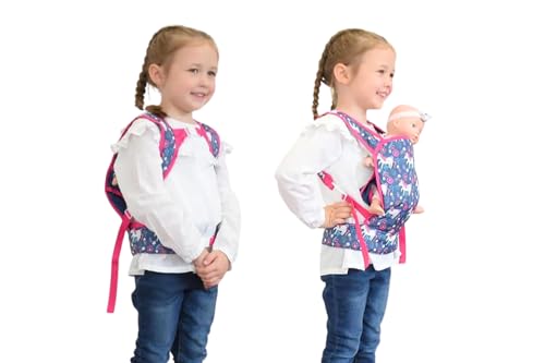 KOOKAMUNGA KIDS Baby Doll Carrier - Adjustable Straps to Fit All w/Comfort Padding - Works as a Front Doll Carrier or Doll Backpack Carrier - Soft Headrest - Ideal for Dolls Up to 18” - Navy Unicorn