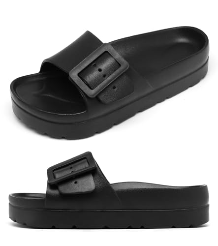 Women's Black Platform Sandals with Arch Support, Adjustable Single Buckle Slides, Comfort EVA Slide Lightweight Thick Soles
