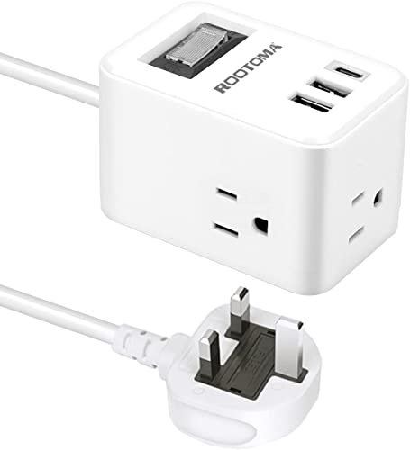 UK Ireland Scotland Travel Plug Adapter, US to UK Plug Adapter with 3 Outlets 3 USB Ports (1 USB C Port), Type G Travel Adapter for USA to British England Scotland Irish London, Cube, White