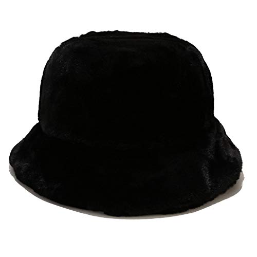 Umeepar Winter Faux Fur Bucket Hat Fluffy Warm Hat for Women Men (Black)