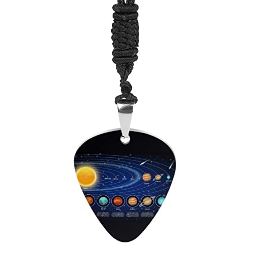 Solar System Planets Set the Sun and Eight Planets Orbits on Dark Custom Guitar Pick Necklace, Stainless Plated Rock Guitar Pendant Chains for Men Women Guitar Players Music Lover Musician Gift