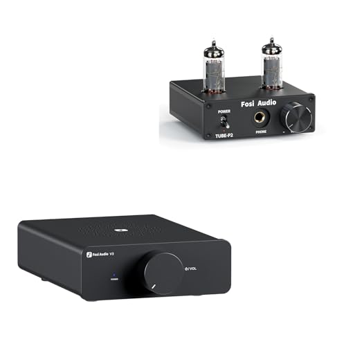 Fosi Audio V3 Stereo Amplifier Home Audio 300 Watts x2 Power TPA3255 and P2 Headphone Amplifier Vacuum Tube Headphone Amp Mini Hi-Fi Stereo Audio with Low Ground Noise Output Protection
