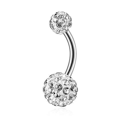 Gabry&jwl Crystals Belly Button Rings14G Stainless Steel Curve Navel Rings Shamballa CZ Sparkly Disco Balls Belly Rings Belly Piercing Jewelry for Women(White)