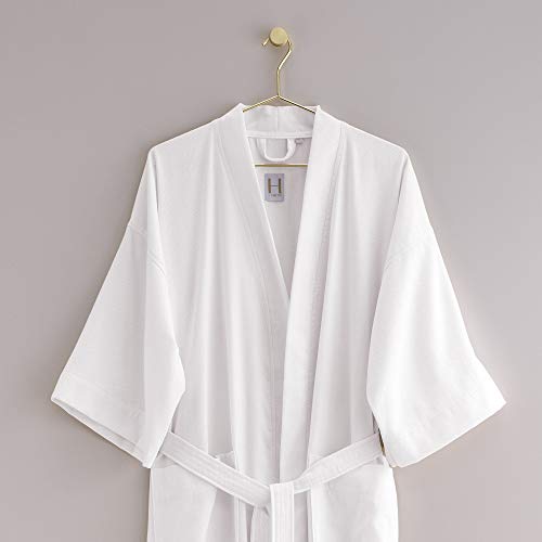 H by Frette Pique Kimono Bathrobe (Large) - Luxury All-White Bathrobe / Light, Cool, and Breathable / 100% Cotton / Expertly Made in Turkey