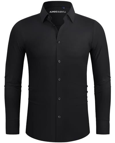 Alimens & Gentle Men's Dress Shirts Stretch Long Sleeve Slim Fit Business Formal Shirts Wrinkle Free Casual Button Down Shirts All Black Small