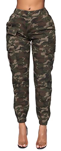 Double Denim January 5th Women's High Waist Cargo Jogger Pants Casual Elastic Waistband Tapered Sweatpants with 6 Pockets SCP-2049 Camo L