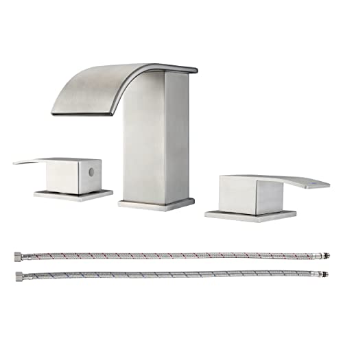 Brushed Nickel Waterfall Bathroom Faucet for Sink 3 Hole - Widespread, 2-Handles 8 Inch Modern Faucet for Bathroom Sink, Vanity Faucet with cUPC Supply Lines
