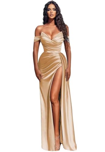 Sparkly Satin Prom Dresses Mermaid Rhinestone Formal Dresses Off Shoulder Evening Gowns with Slit Champagne