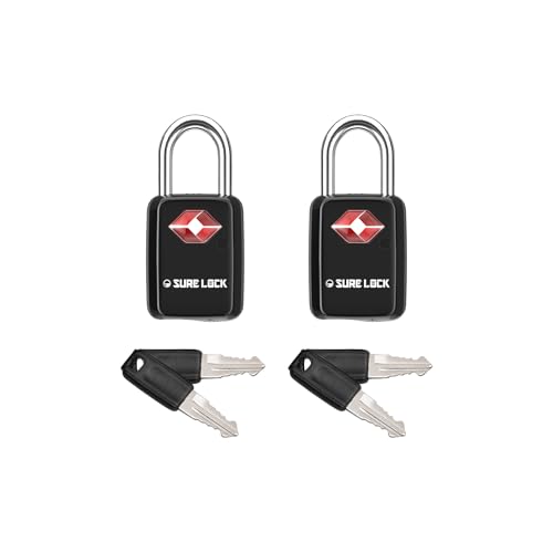Sure Lock TSA Approved Luggage Locks Mini Size Lock with Keys for Travel, Zinc Alloy Body with Steel Shackle, Key Alike, Key Alike in The Same Package(Black 2 Locks)