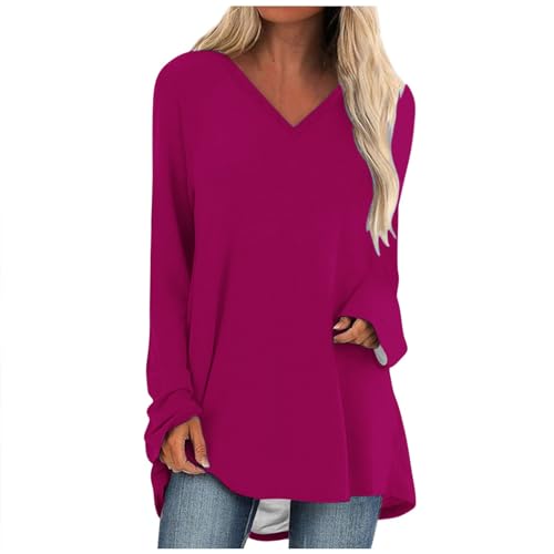 Tunic Tops to Wear with Leggings, Women's Long Sleeve Oversized Dresses Casual V Neck Blouse Tops Fall Trendy Shirts Hot Pink