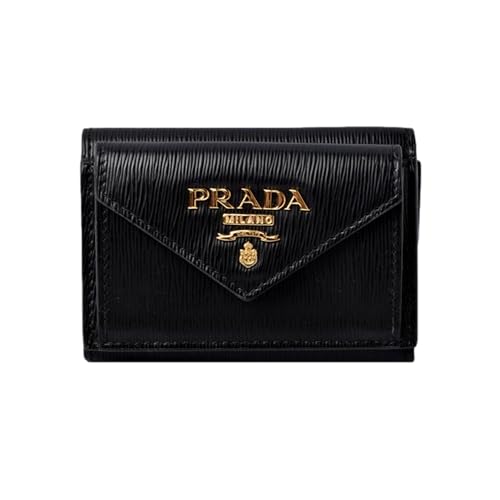 Prada Womens Vitello Move Black Leather Compact Envelope Trifold Wallet