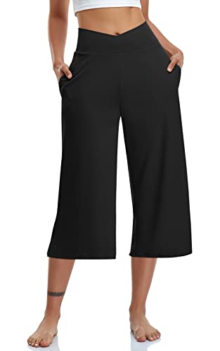 TARSE Womens Casual Wide Leg Yoga Capris Plus Crossover High Waist Capri Pants Loose Soft Pajama Pockets Sweatpants(Black,XL)