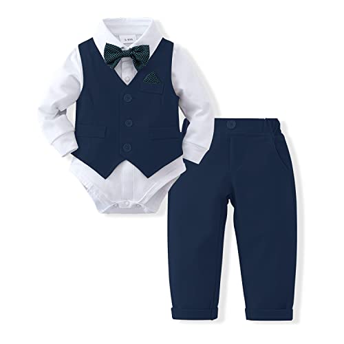 DISAUR Baby Boy Clothes Toddler Boy Outfits, 4PC Gentleman Dress Romper + Vest + Pants + Bow Tie Cotton Suit Set (Navy Blue,6-9 Months)