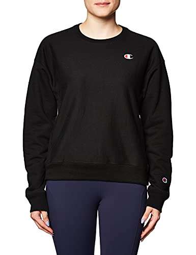 Champion Crewneck, Reverse Weave Pullover Sweatshirt for Women, Black Left Chest C, Medium