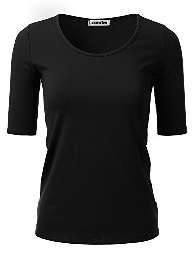 SSOULM Women's 1/2 Sleeve Scoopneck Cotton Basic Slim Fit T-Shirt Top Black M