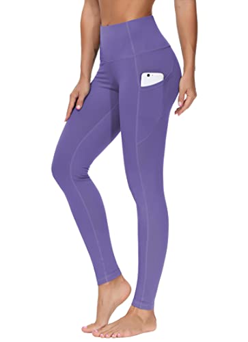 THE GYM PEOPLE Thick High Waist Yoga Pants with Pockets, Tummy Control Workout Running Yoga Leggings for Women (Medium, Bright Purple)