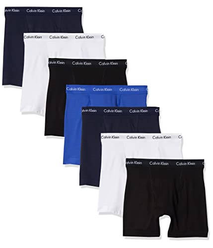 Calvin Klein Men's Cotton Stretch 7-Pack Boxer Brief, 2 Blue Shadow, 2 White, 2 Black, 1 Cobalt Water, L