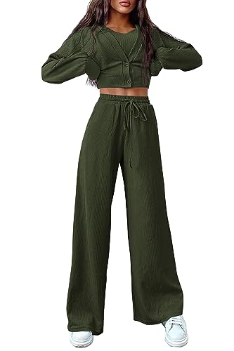 PRETTYGARDEN Womens 2023 Fall Track Suits 3 Piece Outfits Matching Sets Ribbed Knit Cardigan Cropped Tank Tops Wide Leg Pants (Army Green,Medium)