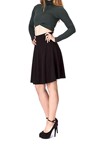 Simple Stretch A-line Flared Knee Length Skirt (L, Knee Black)