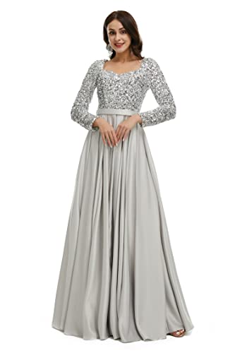 Engerla Sequined A line Long Sleeves Bride Bridesmaid Dresses Silver Women's Prom Party Evening Dress US 18w