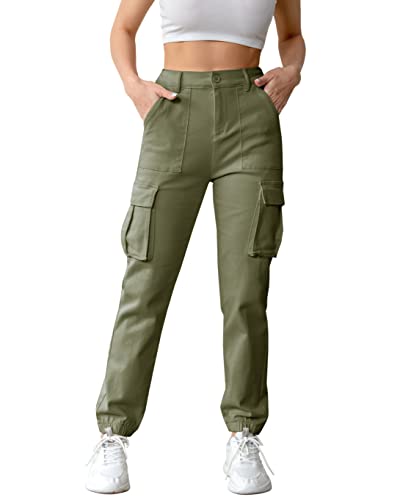 Womens Casual High Waisted Jogger Cargo Pants with Pockets, Women's Cargo Lightweight Hiking Joggers Pants Green