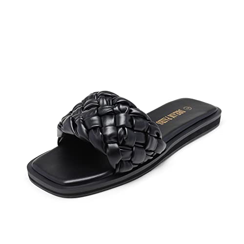 DREAM PAIRS Women's Square Open Toe Slide Sandals Cute Slip on Braided Strap Rhinestone Flat Sandals for Summer,Size 8,BLACK/WEAVE,SDSS2212W