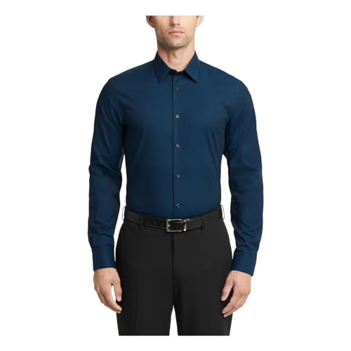 Calvin Klein Men's Dress Shirt Slim Fit Herringbone Stretch, Blue Cypress