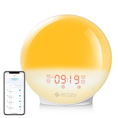 ecozy Sunrise Alarm Clock, Smart Wake Up Light APP Control,Alarm Clock with Alexa,Sunrise Sunset Simulation, 4 Alarms FM Radio, Natural Sounds, 7 Colors Night Light,Tap Snooze for Heavy Sleepers Adult