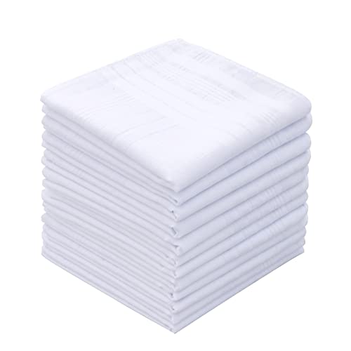 GB Men's Handkerchiefs 100% Cotton Solid White with Stripe Large Classic Hankies Bulk Set 12 Pack